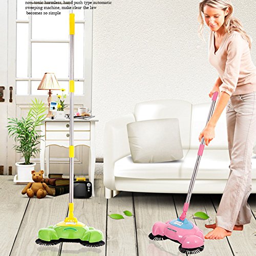 3-in-1 Household Hand Push Sweeper Vacuum Cleaner Rotating Floor Machine Broom Automatic Cleaning Robot Adjustable Dustpan Trash Bin Brush without Electricity