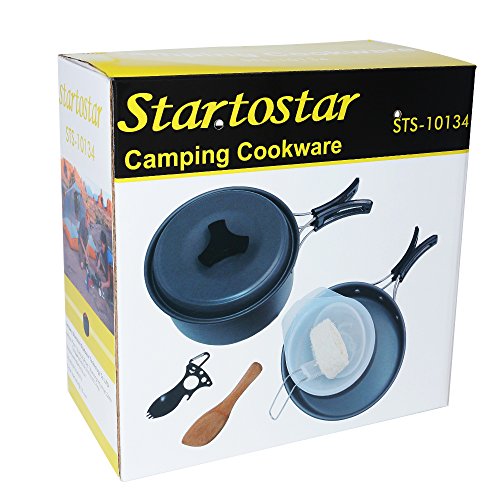 Startostar 11-Piece Camping Cookware Mess Kit with Anodized Aluminum Pots and Pans Set, Spork, Mesh Bag, Canister Stand Tripod and Box