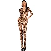 YEMYIQZ Women Sexy Jumpsuit PU Leopard Bodysuit Faux Leather Slim Fit Catsuit Zipper Long Sleeve One Piece Outfit Clubwear
