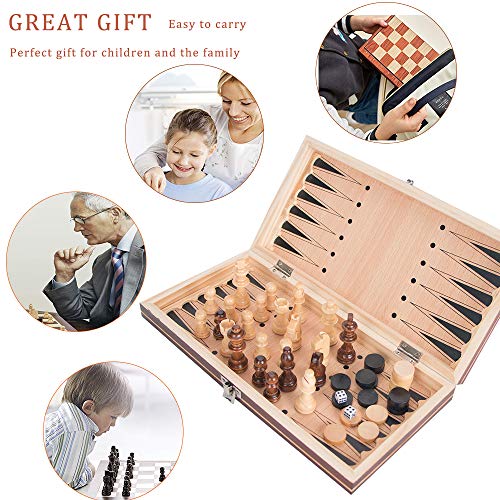 3-in-1 Wooden Chess Set & Checkers & Backgammon Set with Folding Carrying Case Folding and Travel Chess Board for Kids Teens Adults 11 inch