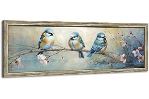 ARTISTIC PATH Rustic BlueBird Wooden Wall Art: Colorful Bird Framed Painting Vintage Sparrow Picture Cute Chickadee on Flower Branch Prints Countryside Artwork Decor for Living Room Bedroom Farmhouse