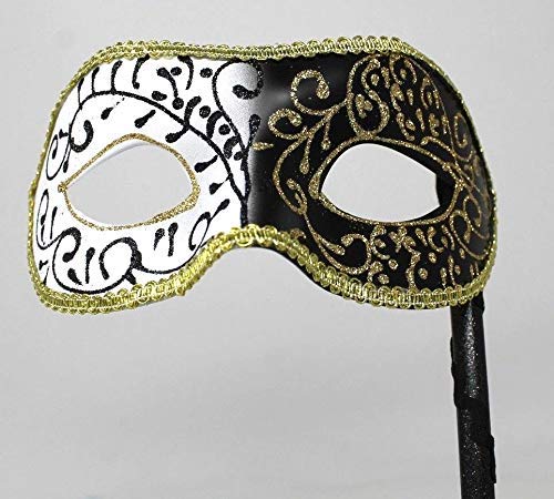 BLACK WHITE & GOLD VENETIAN MASQUERADE HALLOWEEN CARNIVAL PARTY EYE BALL MASK HAND HELD ON A STICK