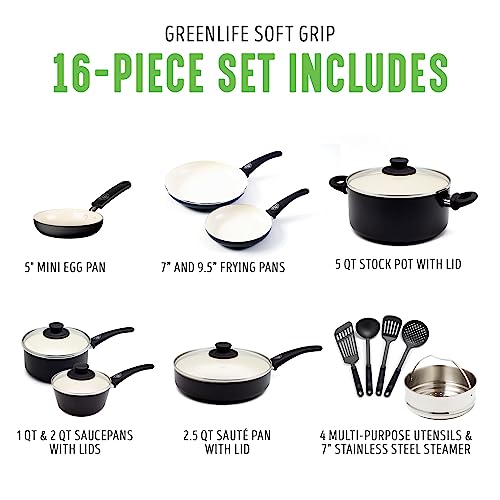 GreenLife Soft Grip Healthy Ceramic Nonstick 16 Piece Kitchen Cookware Pots and Frying Sauce Pans Set, PFAS-Free, Dishwasher Safe, Black and Cream