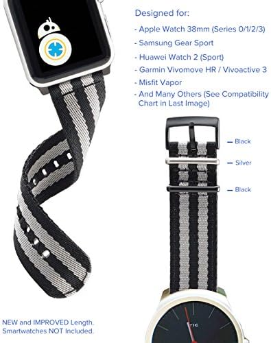 Truffol [Upgraded 20mm NATO Woven Nylon Band for Apple Watch 38mm, Misfit Vapor, Samsung Gear Sport - Replacement Watch Strap with Steel Buckle Loop (Space Black & Silver)