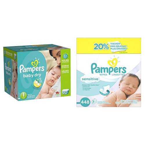 Pampers Baby Dry Diapers Economy Pack Plus, Size 1, 252 Count and Pampers Sensitive Wipes, 7x Box, 448 Count Bundle