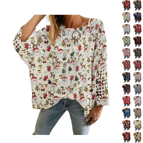 Funny Christmas Jumper Christmas Jumpers for Women UK Cute Openwork Knitted Pullovers Lightweight Scoop Neck Thermal Tunic Soft 3/4 Sleeve Tops Pretty Printed Tunics Plus Size Jumpers # K2 XXL