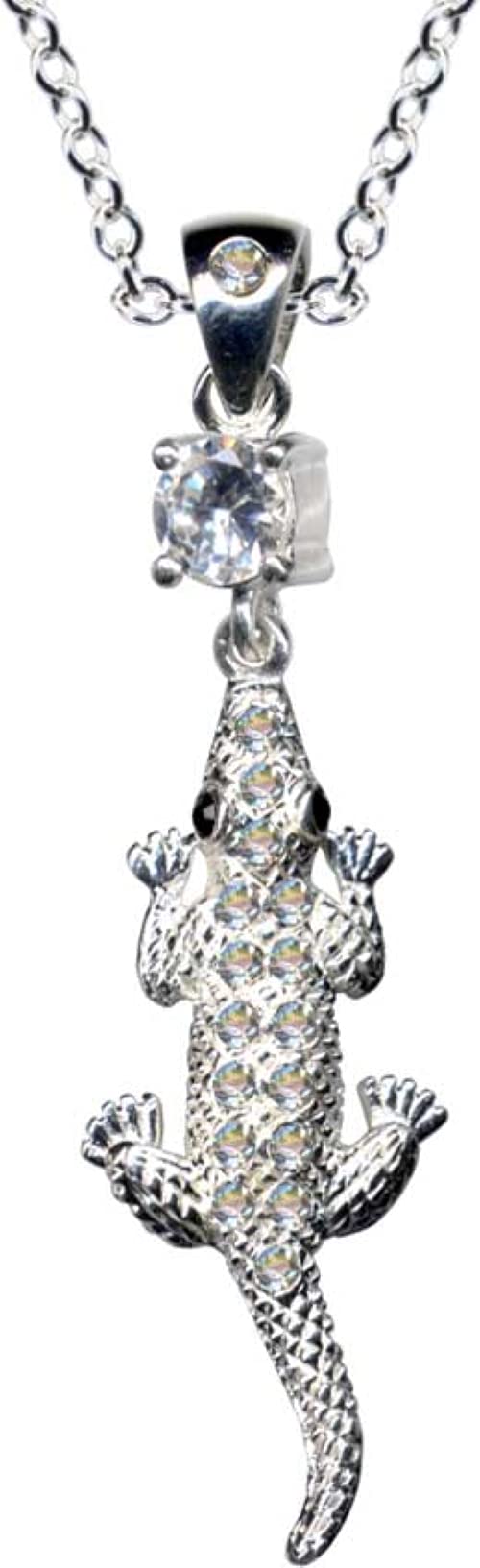 54045 Crocodile Alligator Reptile Silver Necklace + Silver Pendant Necklace Real Sterling 925 Silver Zirconia Crystals Rhinestone Clear White Beautiful Love Extravagant Fashion Pendant