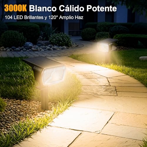 SUNNMO Solar Lights LED Outdoor Garden with Motion Sensor, 6 Pieces LED Spotlights Outdoor Solar Garden Powerful 104 LED 3 Modes, Spotlight Lamp Solar Light Outdoor Garden IP65 Waterproof Warm Light