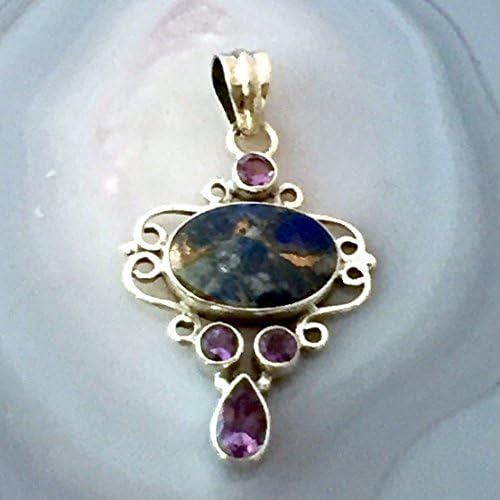 Rare Genuine Afghan COPPER LAPIS LAZULI, and Amethyst Gemstones, 925 Sterling Silver, Gracious Pendant 1.26" Long, with FREE Sterling Silver Chain.