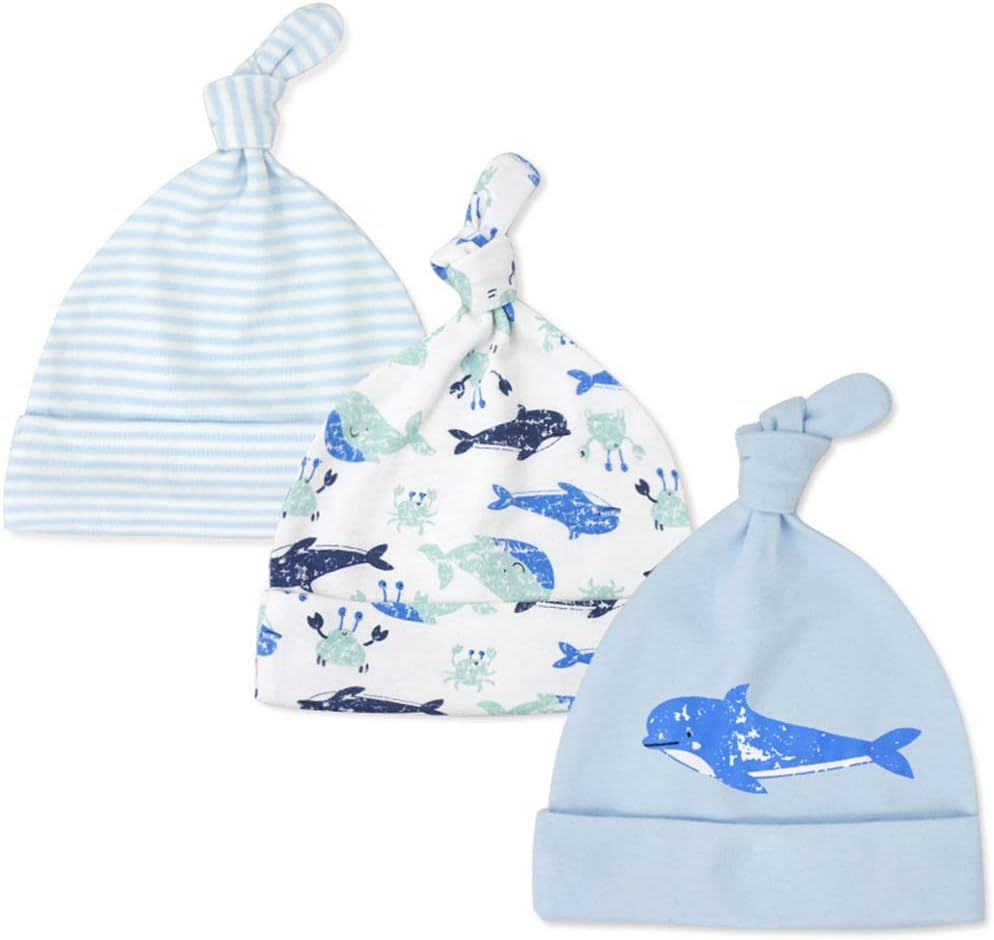 3-Pack Newborn Beanie Hats Baby Boys Girls Organic Cotton Adjustable Infant Sleep Knot Caps
