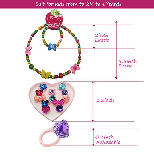 IDOXE 17pcs Value Set Little Girl Jewelry Set, Wood Stretch Necklace Bracelet Crystal Rings Heart Box - Thumbnail 5