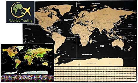 World Map Scratch Off - Map of the world Poster and Wall Art Gift - Modern Travel map with US States and Country Flags - Educational Fun Map for the whole family - Premium Quality by Worldy Trading