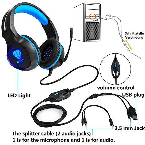 Butfulake Gaming Headset for Xbox One PS4 PlayStation 4 Nintendo Switch PC Smartphone, 3.5mm Stereo Gaming Sound Over-Ear Headphones Noise Cancelling with Mic and LED Light, Blue - Thumbnail 2