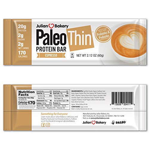 Julian Bakery Paleo Thin Protein Bar Espresso Egg White Protein 20g Protein 2 Net Carbs