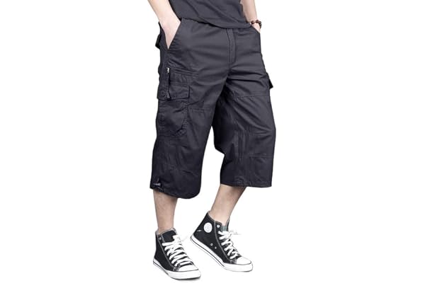 MAGNIVIT Men's Capri Long Elastic Cargo Shorts Below Knee Shorts 3/4 Cotton Cargo Casual Shorts with Multi-Pockets