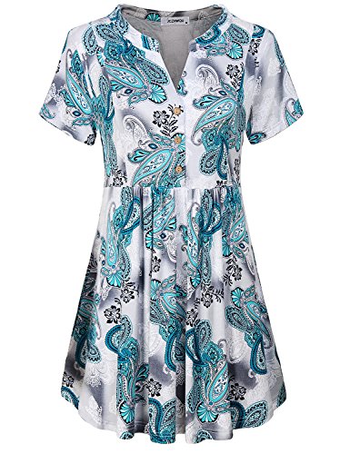 Ladies Tops, Woman's Split V Neck Short Sleeve Tuinic Blouse Front Button Design Empire Waist Pleated Dressy Flattering Wear to Work Shirt Summer Casual Clothes Paisley Blue L