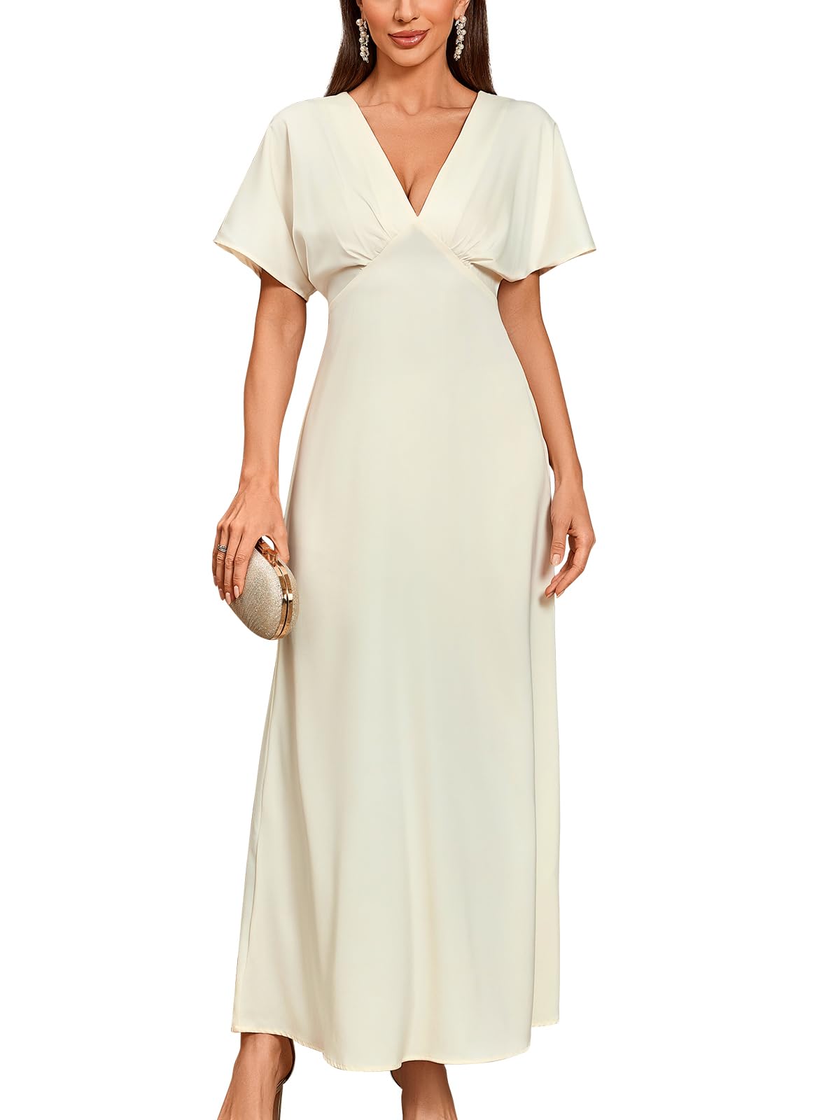 Photo 1 of VAFADRESS Women's 2025 Satin Dress Elegant Deep V Neck Flutter Sleeve A-Line Gown Cocktail Party Maxi Dresses Champagne L