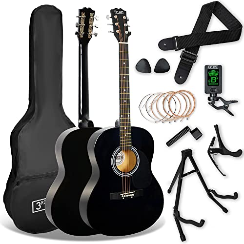 3Rd Avenue Stx10Ardpk2 Guitare Acoustique 4/4 Pour Débutants Avec Housse De Transport, Médiators, Cordes En Acier, Support, Sangle, Accordeur, Capodastre Et Enrouleur De Cordes Noir