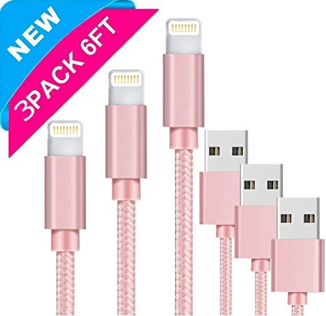 Lightning Cable, 3Pack Nylon Braided 6FT/2M Charger Cable USB Cable Sync & Transfer Data, Charging Cord - Pink