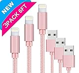 Lightning Cable, 3Pack 6FT / 2 Meter Nylon Braided Charger Cable Lightning to USB Cable Sync & Transfer Data, Charging Cord for iPhone 8 X 7 6 5 SE, iPad Air, iPad Mini iOS11- Rose Gold