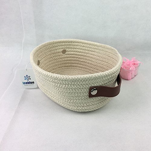 ICEBLUE HD Mini Beige Natural Cotton Rope Dog Toys Basket Nursery Basket Catchall with Leather Handles