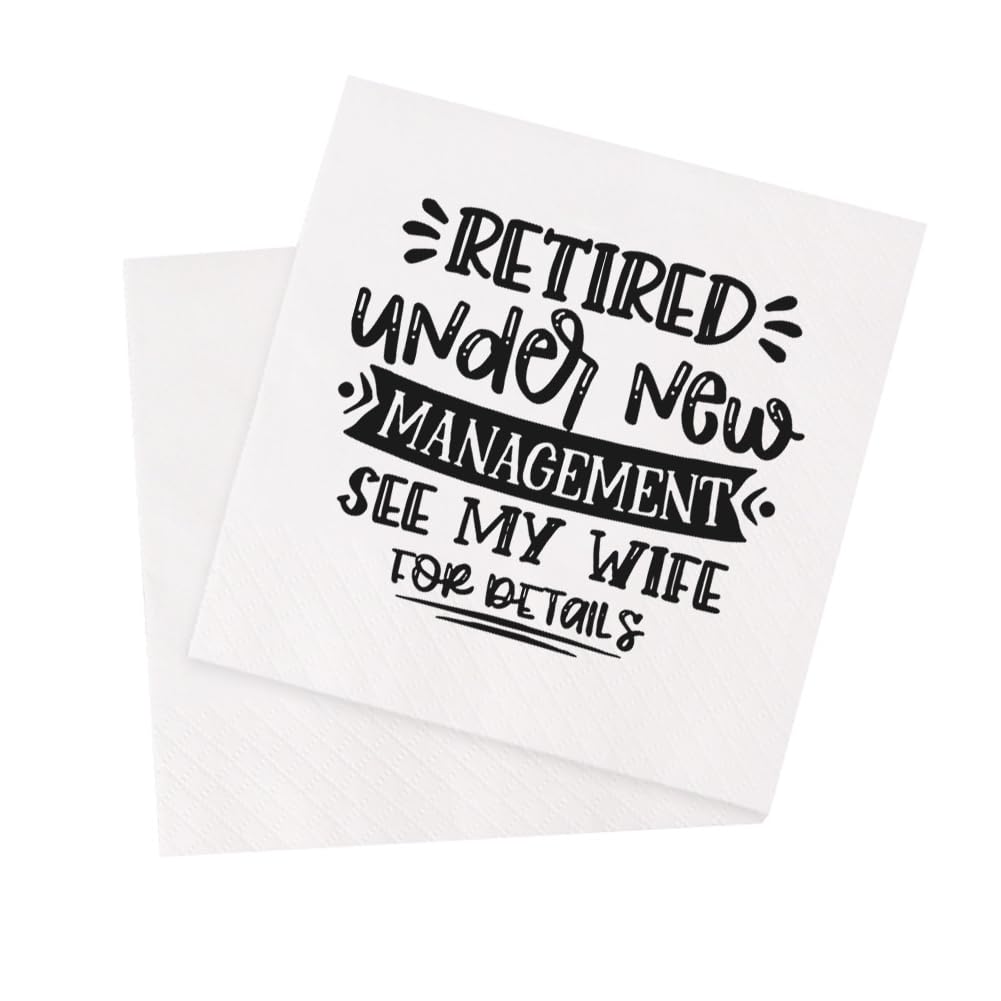 Photo 1 of *grandkids*___VOWFOO Retirement Cocktail Napkins Party Napkins Beverage Napkins Bar Napkins Disposable Paper Novelty Humorous Gag Gift 100Pcs 4.5 x 4.5 16-ply (Retired Under New Management See My Wife For Details)