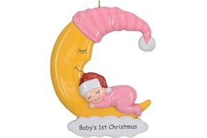 MAXORA Baby's 1st Christmas Ornament Personalization Baby Girl On Moon Newborn Grandson's First Christmas Godchild (Pink, White Skin)