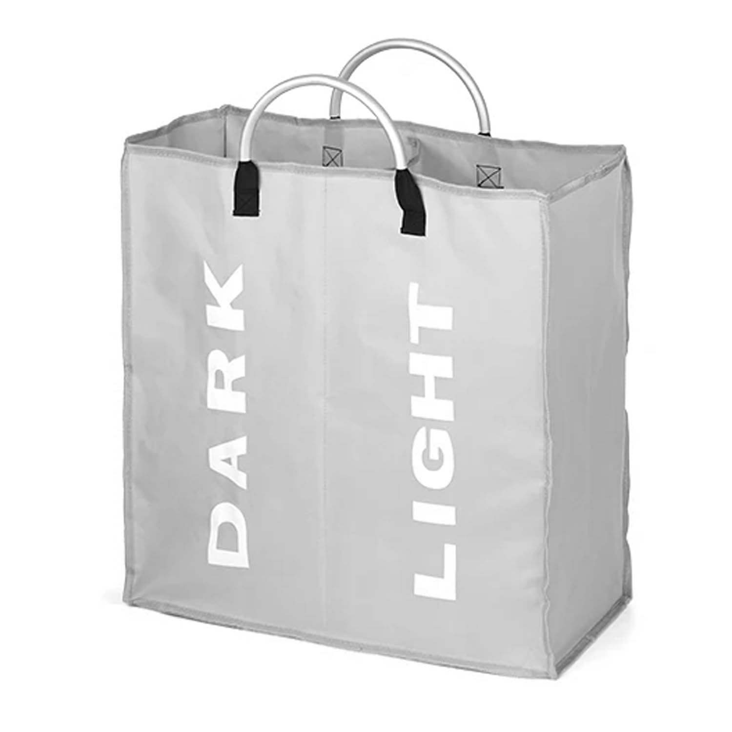 Double Compartment Laundry Basket with Handles | Collapsible Divided Clothes Hamper for Dark and Light Washing | Large Slim Portable Laundry Storage Bag for Home Dorm Travel Light Grey