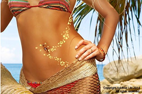 Sexy Gold Hearts and Flowers Belly Chain Temporary Tattoo - Body Art - For Parties, Clubbing, Festivals, Holidays, Weddings, or As a Unique Present. Water Resistant.