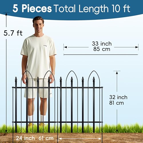 Thealyn Metal Garden Fence Panels, 81cm H x 61cm W, 5-Pack (Total 3m), Rustproof Powder-Coated No-Dig Decorative Border Edging for Yard, Patio & Walkway, Flower Bed, Dog Barrier