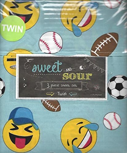 Sweet and Sour Emoji Sports Brett Blue Twin 3 Piece Sheet Set Soccer Football Baseball