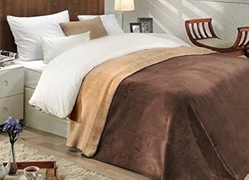 Ottomanson Bed Blankets, Bedspread, Plush Cotton Throw, Soft Cotton Cozy Blanket, 80 L x 90 W, Dark Brown & Tan Reversible