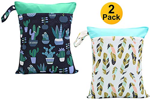 2pcs Cloth Diaper Wet Dry Bags Waterproof Reusable with Two Zippered Pockets Travel Beach Pool Daycare Soiled Baby Items Yoga Gym Bag for Swimsuits or Wet Clothes (Feather & Cacuts) - Thumbnail 6