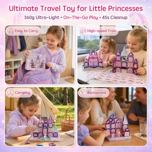 Kit de voyage de blocs magnétiques pour filles : 60 min de jeu tranquille, 42 tuiles magnétiques Licorne & princesses, boîte métallique portable pour la voiture et l'avion, cadeau pour les 3 à 6 ans