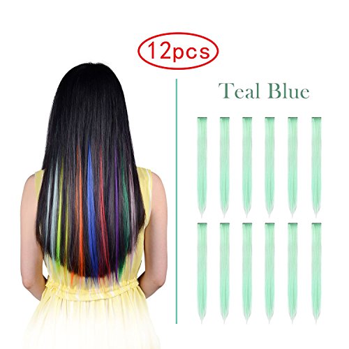 Hawkko 12PCS Straight Colored Clip in Hair Extensions Party Highlight Multiple Colors Hairpieces(12pcs-Teal Blue) - Thumbnail 7