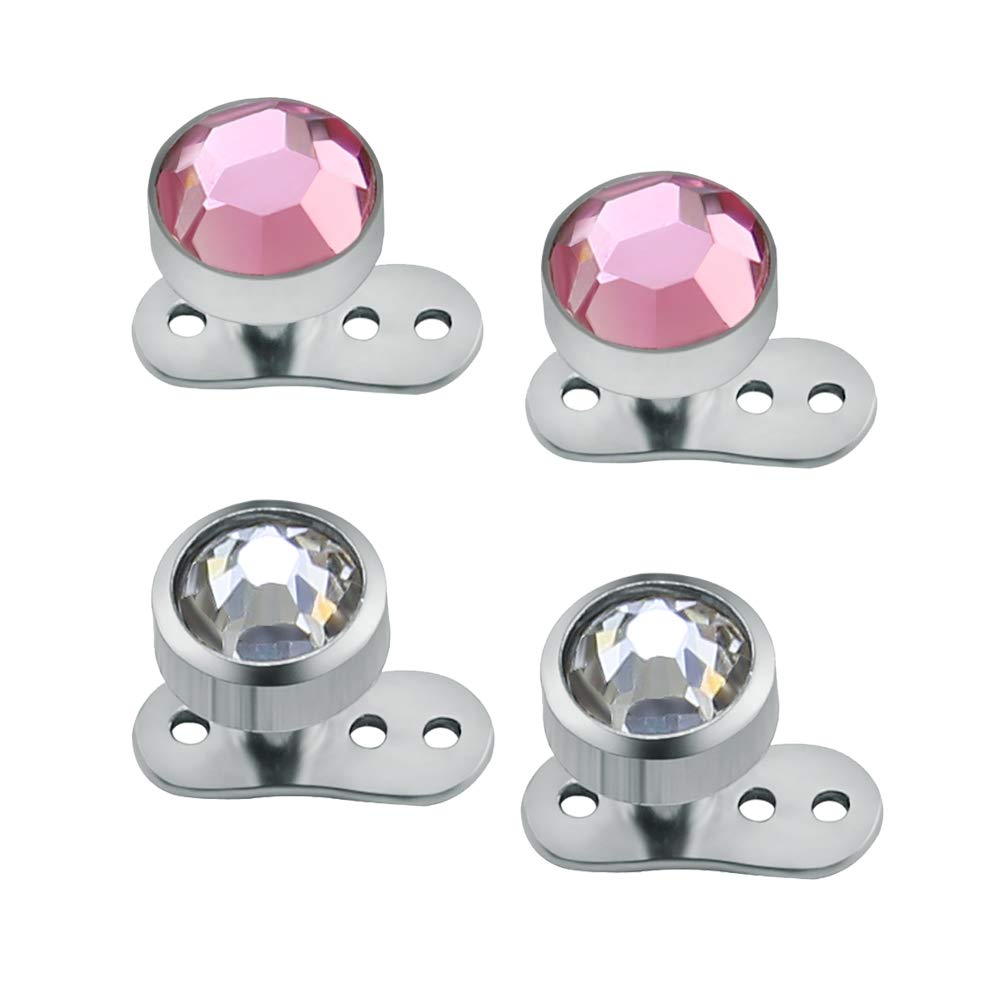 4PCS 14g White/Pink Crystal Dermal Anchor Tops and Base Surgical Steel Dermal Body Piercing