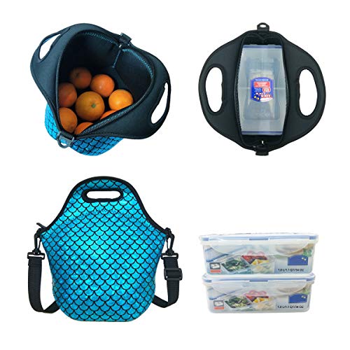 Insulated Lunch Bag, Neoprene Shoulder Lunch Tote Boxes Bags for Women Men Kids Work Office Outdoor Picnic Travel, Mermaid Scale (Blue) - Thumbnail 3