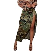 THLAI Women Midi Skirt Camo Cargo Skirt for Women Sexy High Split Skirt Maxi Skirts Novelty Skirts