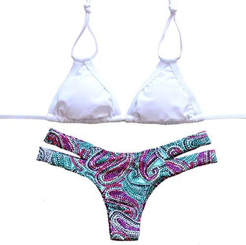 Rubylong Brazilian Push Up Vintage Bikinis Printing Halter Padded Swimsuit 2 Piece,S(US Size 2-4),Bj670
