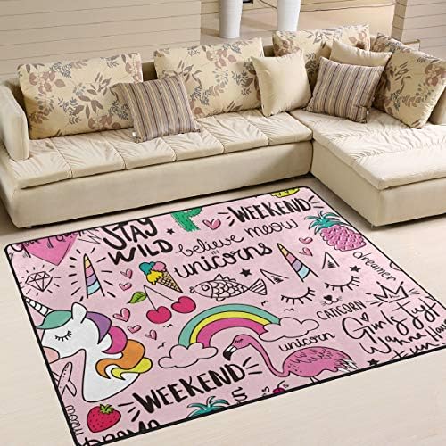 SENNSEE Unicorn Flamingos Pink Area Rug Large Indoor Doormat for Bedroom Living Room Mat Outdoor Entrance Home Decor Nonslip Rugs 7'x 5'