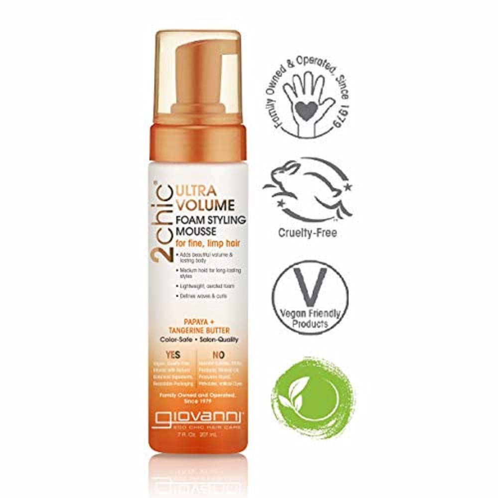 GIOVANNI 2chic Ultra Volume Foam Styling Mousse, 7 oz. Daily Volumizing Formula with Papaya & Tangerine Butter, Promotes Weightless Control for Fine Limp Thin Hair, No Parabens, Color Safe (Pack of 1) : Beauty