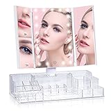 VICOODA Makeup Vanity Mirror with 21 Led Lights/Lighted Makeup Mirror with Acrylic Makeup Organizer, Touch Screen Dimming, Trifold 3X 5X Magnification Sections, Dual Power Supply, 180 Rotation