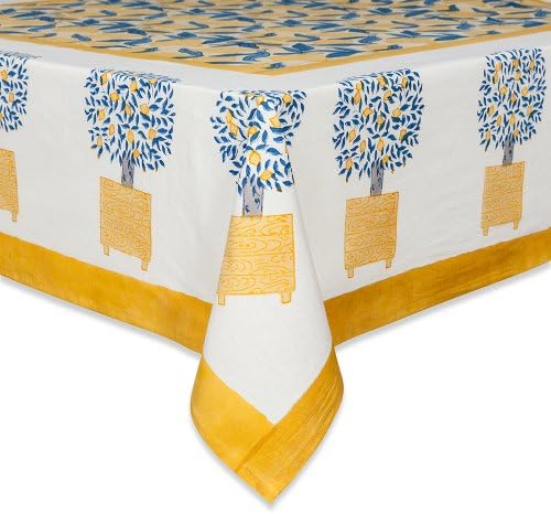 Couleur Nature Lemon Tree Tablecloth, 59-inches by 86-inches, Blue/Yellow