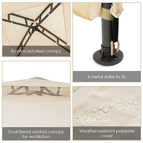 FDInspiration Beige 10x 10 FT Patio Gazebo Tent Shelter Outdoor Canopy Shelter Party Sun Shade w/Mosquito Netting with Ebook - Thumbnail 5