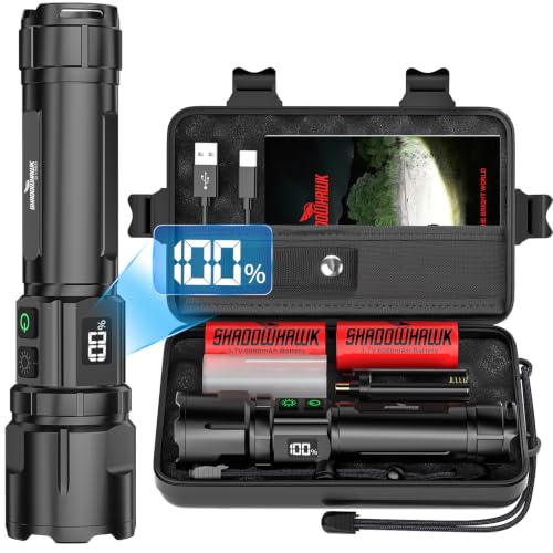 Shadowhawk Taschenlampe LED Aufladbar 500000 Lumen-24h Laufzeit mit 2 Akkus