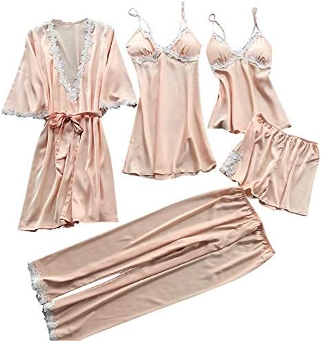 Zerototens 5 Pcs Nightgowns Women Pajamas Set Satin Silk Sleepwear with Lace Tank Top + Long Pants + Suits Set Ladies Kimono Dressing Gown