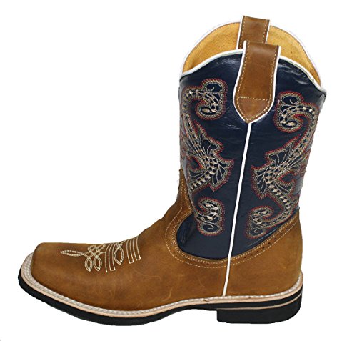 Men cowboy boots Genuine Cowhide Leather PLAIN square toe rodeo western Boots_Tan_blue_10.5