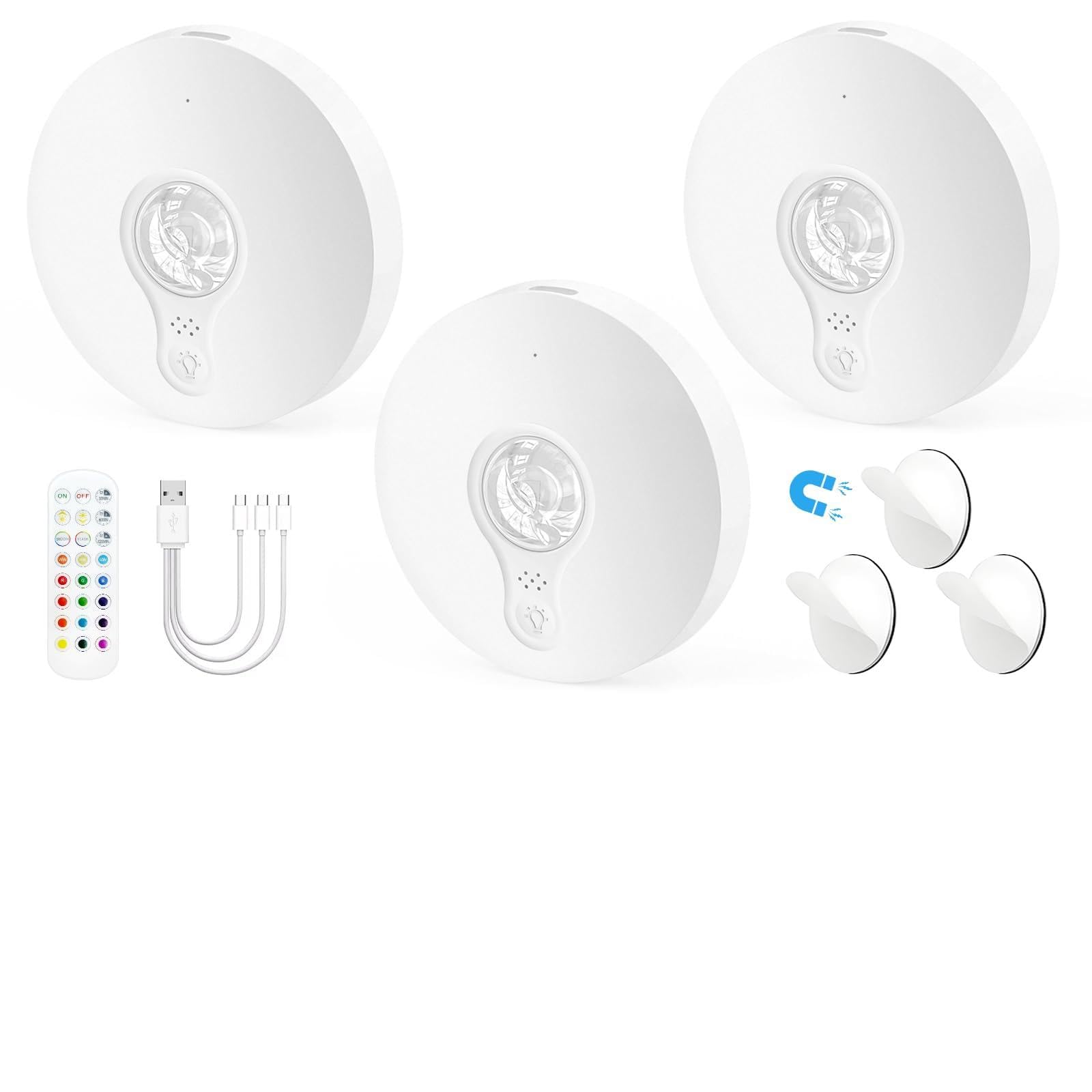 Photo 1 of Rechargeable Puck Lights with Remote, 3 Pack Magnetic Under Cabinet Lighting, 1500mAh Battery Operated LED Tap Lights with Dimmer & Timmer for Kitchen, Closet, Shelf - 3 Color Temps & 12 RGB, White