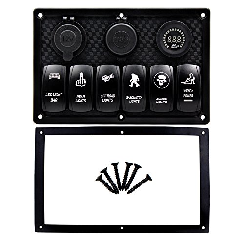 FXC Waterproof Marine Boat Rocker Switch Panel 6 Gang with 4.2A Dual USB Slot Socket + Cigarette Lighter + Voltage Monitor Alarm LED Light for Car Rv Vehicles Truck