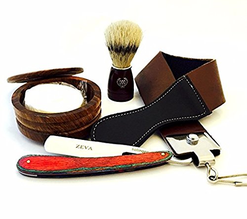 Men's Wood 5 Pieces Cut Throat Straight Edge Razor Strop Bowl Brush & Soap Shaving Gift Set/Kit
